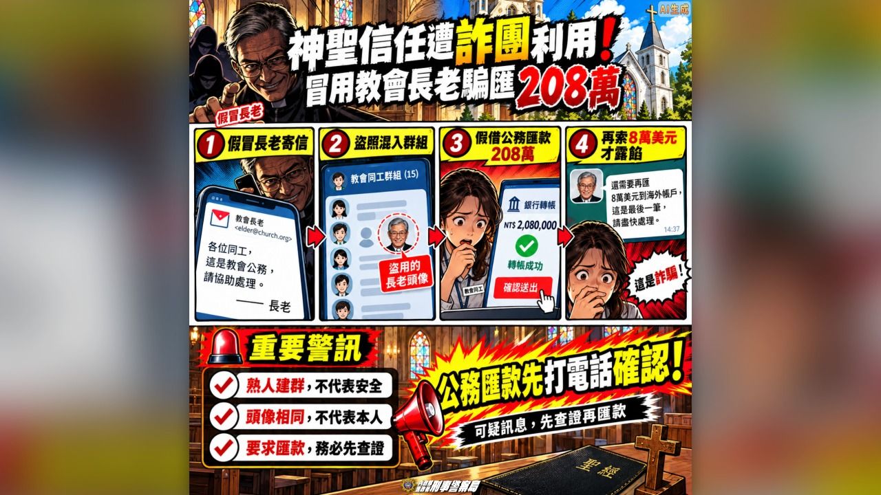 「假長老」混入教會群組!騙匯208萬....圈存機制奏效攔阻198萬