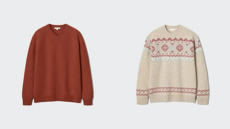 UNIQLO and JW ANDERSON系列小羊毛V領針織衫（左）990元、小羊毛圓領毛衣（右）1290元。品牌提供