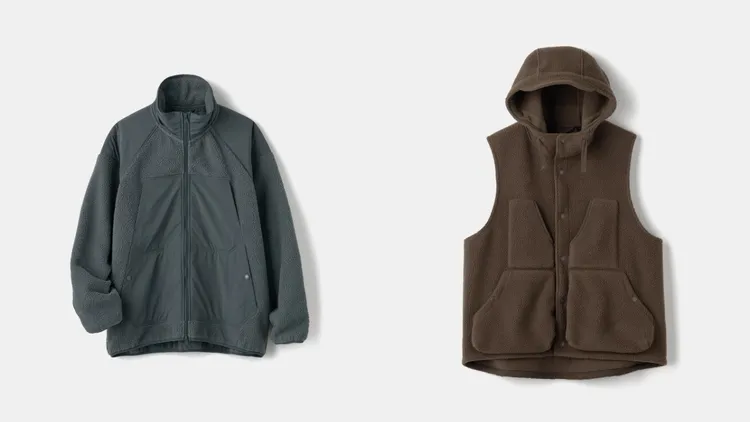 GU X ENGINEERED GARMENTS聯名刷毛工裝外套外套（左）1290元、刷毛連帽寬版背心（右）990元。品牌提供