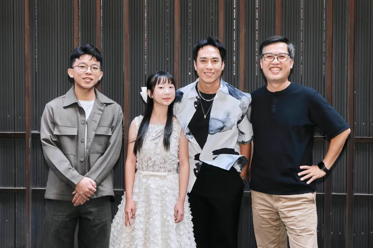 （左起）朱平導演、林呈恩、莊凱勛、製作人陳南宏出席《都市開基祖》媒體茶敘。客台提供