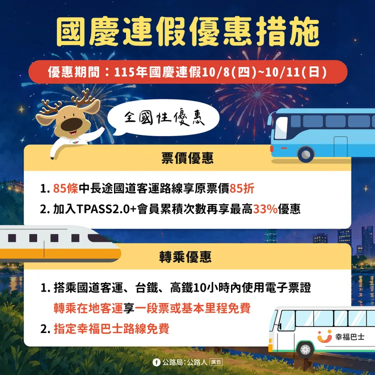 國慶連假國道客運優惠。公路局提供