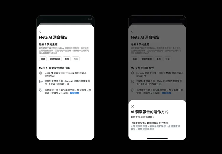 新增「洞察」分頁，讓家長掌握青少年與AI的對話主題。Meta提供