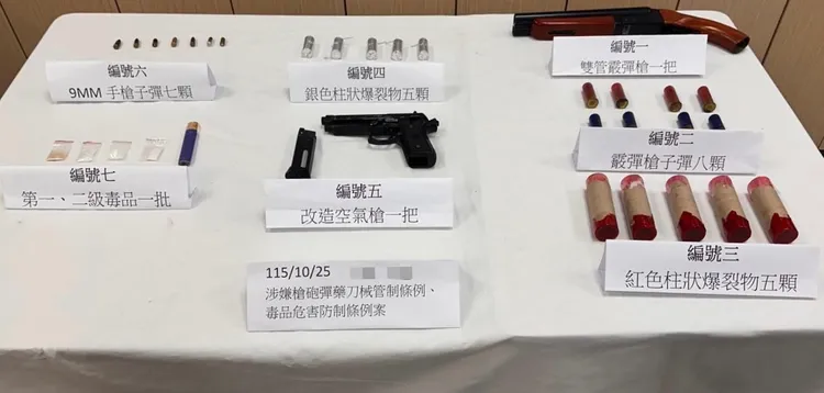 嫌犯背包內查獲改造霰彈槍、霰彈槍子彈、爆裂物炸藥，以及依托咪酯煙彈、粉末、煙油和安非他命等違禁物。翻攝畫面