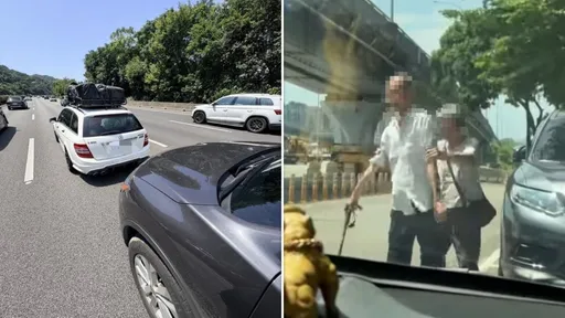 國道追撞...肇事72歲翁跛腳撐拐杖下車！賓士駕駛控「對方雙手一攤說沒錢」