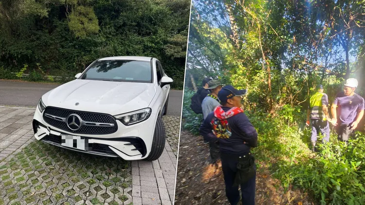 辛男賓士車停放歪斜，鑰匙、手機都沒帶，相當不合邏輯。民眾提供