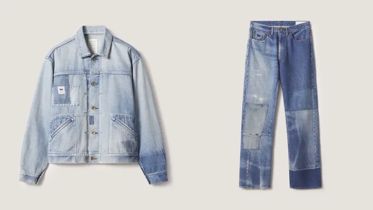 Maison Kitsuné X KURO晨霧藍拼接丹寧外套（左）3萬6700元、晨霧藍拼接丹寧褲（右）3萬2400元。品牌提供