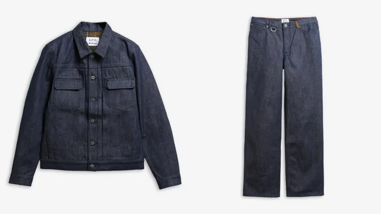 Barbour × A.P.C. Trucker丹寧外套（左）1萬7400元、男款直筒牛仔褲（右）1萬2900元 。品牌提供