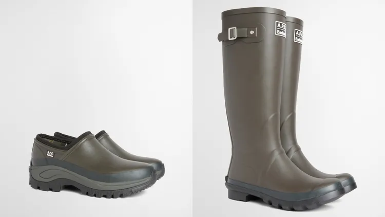 Barbour × A.P.C. Clog橡膠穆勒鞋（左）、威靈頓高筒雨靴 （右），各5000元 。品牌提供