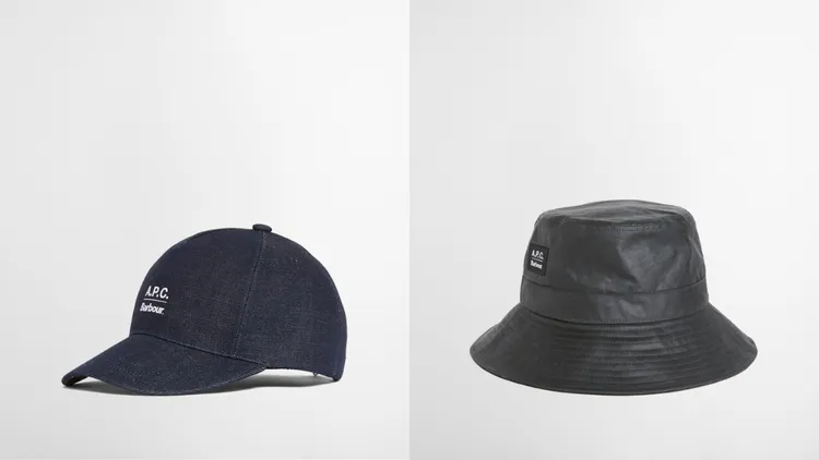 Barbour × A.P.C.丹寧棒球帽 （左）4200元、油布漁夫帽（右）2500元 。品牌提供