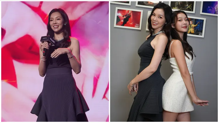 獨家|曾馨瑩先穿小洋裝放閃郭董 再改穿灰色荷葉邊裙母女合影