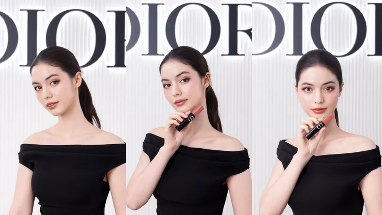 Model示範迪奧金緻雙頭唇釉（左起）#100、#729、#885。品牌提供