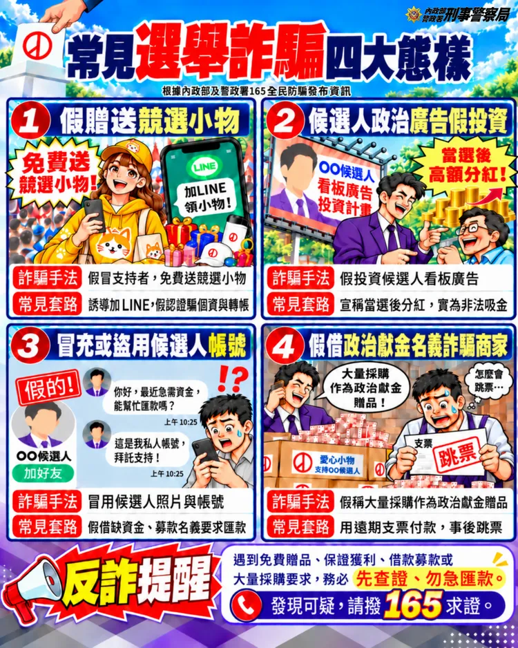 常見選舉詐騙四大樣態。翻攝畫面