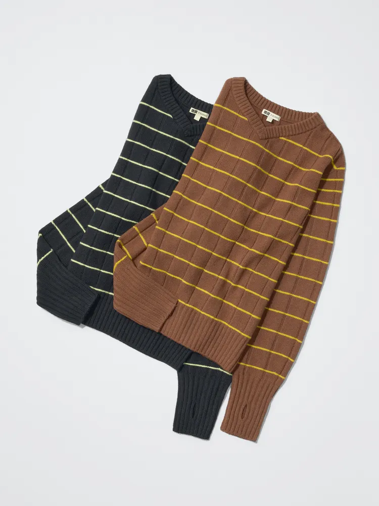 UNIQLO F.RISSO 2026秋冬針織膠囊系列3D織法V領條紋針織衫，各990元。品牌提供