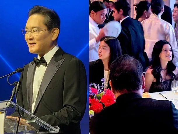 李在鎔（左）在台上致詞，他的女兒（左二）和黃敏珊坐在台下。翻攝網路