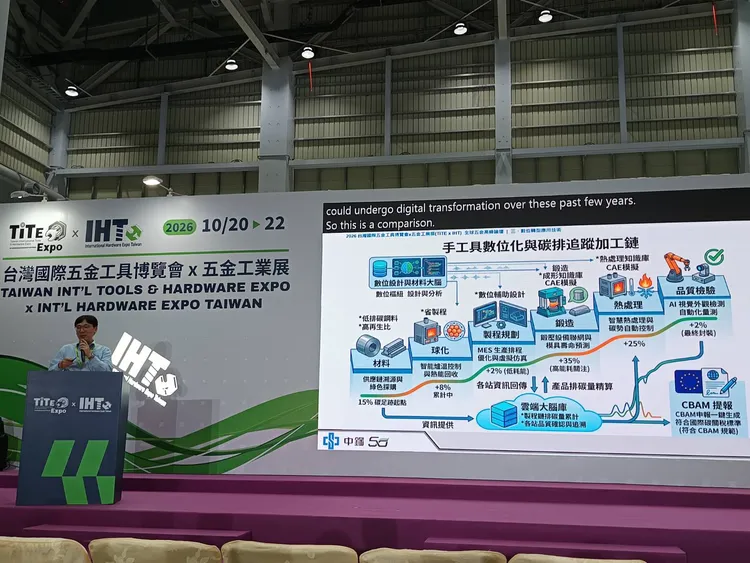 開展期間同步舉辦6場「TEAM TAIWAN 從韌性製造到智慧共創」全球五金高峰論壇，圖為中鋼鋼鐵研究發展處主講。許麗珍攝