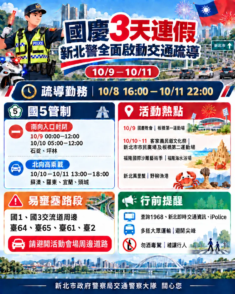 國慶3天連假，新北景啟動全面交通疏導。警方提供