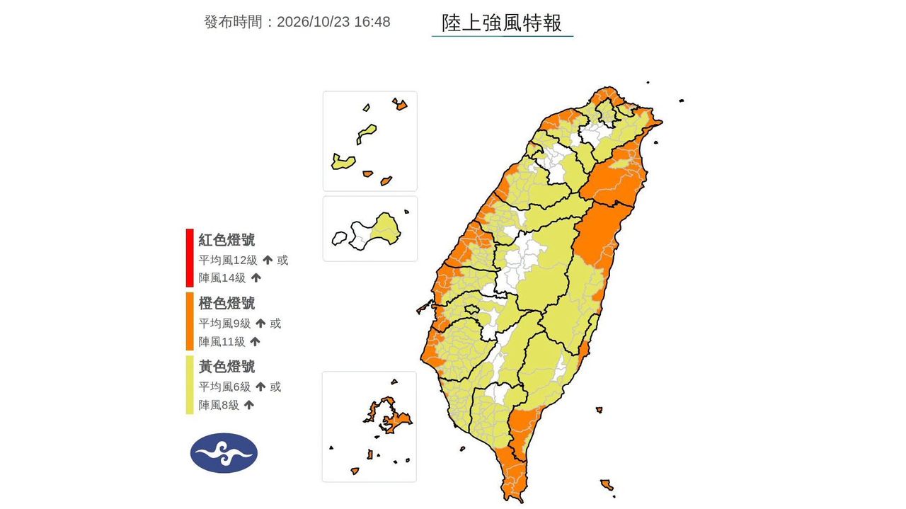 陸上強風特報! 17縣市橙色燈號警戒
