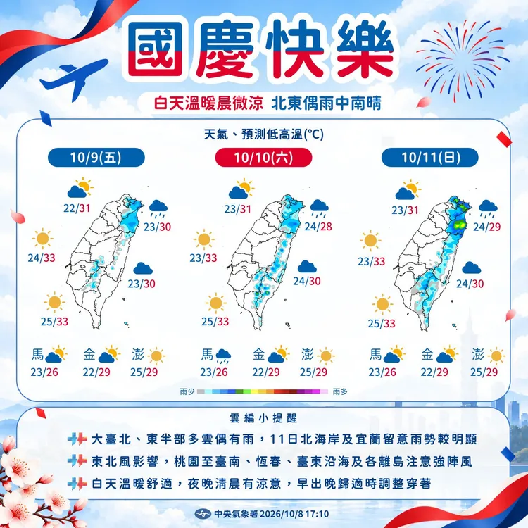 國慶連假（9日至11日）天氣。中央氣象署