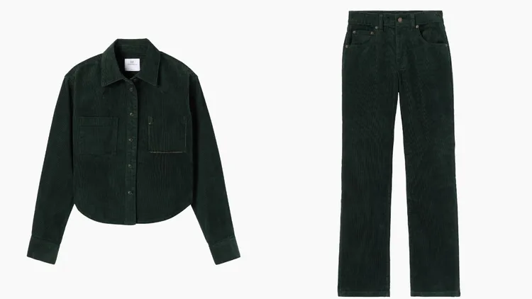 Gap X Victoria Beckham聯名短版燈芯絨襯衫外套（左）2999元、復古燈芯絨五口袋直筒褲 （右）3699元。品牌提供