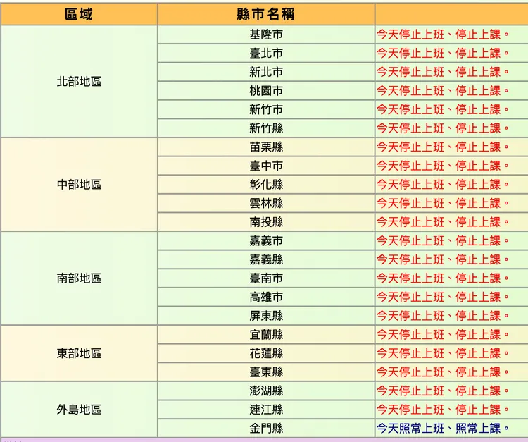 全台21縣市宣布停班課。圖取自人事行政總處網站