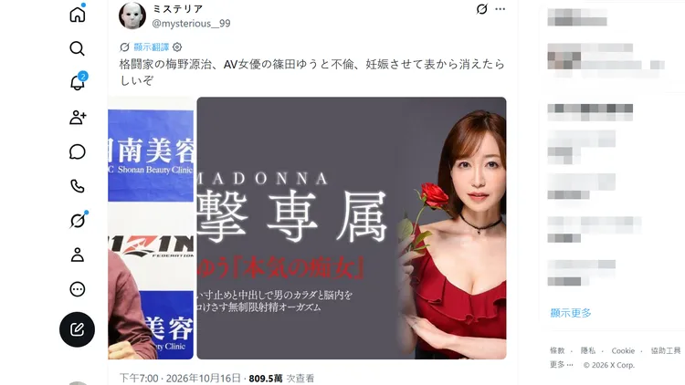 爆料網紅ミステリア宣稱梅野源治和篠田優不倫戀，引發熱議。翻攝自ミステリアX
