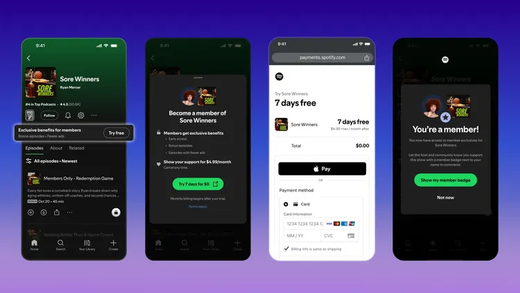 Spotify的Podcast付費會員功能讓用戶從節目頁面選擇方案，完成訂閱後即可在App內收聽或觀看會員專屬內容，各節目的收費與福利由創作者自行設定。Spotify提供