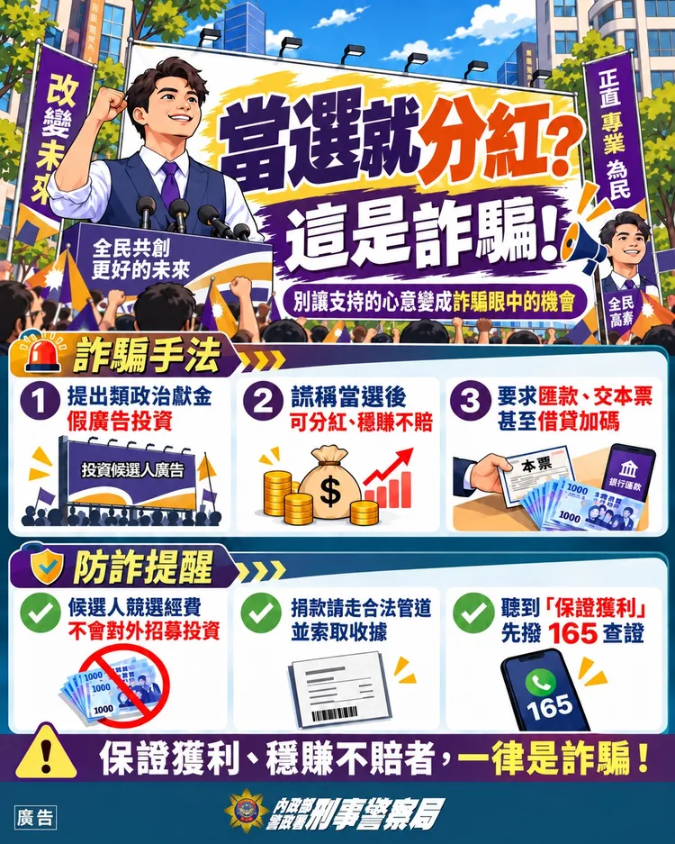 「當選就分紅」詐騙手法宣導圖。警方提供
