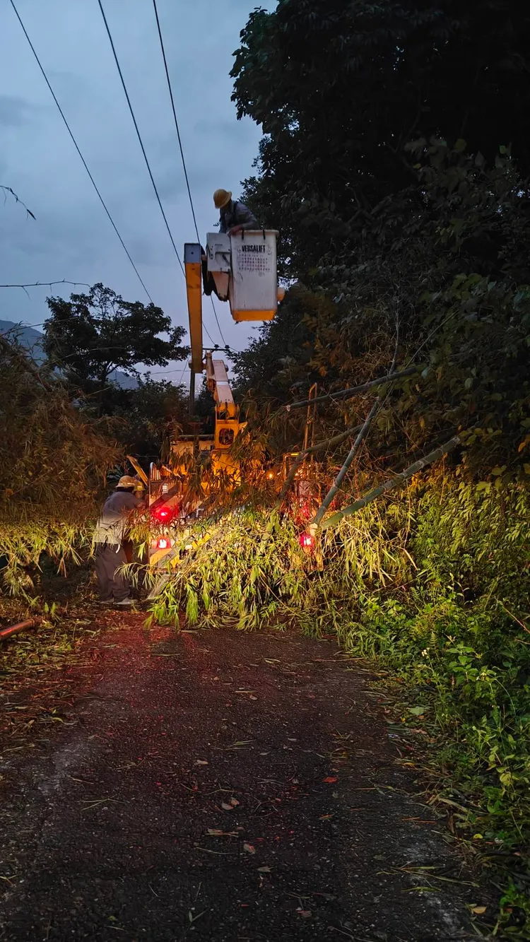 台電表示入夜後風雨可能持續增強，但夜晚視線不佳、樹木傾倒等障礙物也會增加搶修困難。圖為台電同仁於花蓮縣秀林鄉進行樹竹清除作業。台電提供