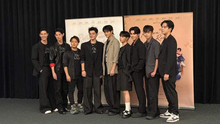 （左起）吳承洋、夏和熙、日本歌手AKKUN、呂慕堯、羅章恩、許孟維、徐祥峻、邱勝揚、葛兆恩出席《回來找你是真的》媒體發布會。宋亭誼攝