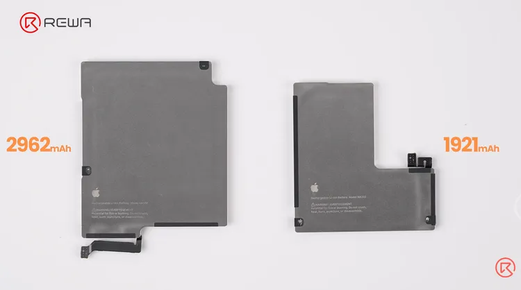 iPhone Duo採雙電池配置，容量分別為2,962mAh與1,921mAh，合計4,883mAh，兩顆電池皆採通電解膠設計，有助於降低拆卸難度。REWA Technology YouTube