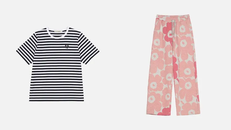 Marimekko tasaraita條紋上衣（左）4900元、粉紅Unikko游霓可印花棉質長褲（右）9900元。品牌提供
