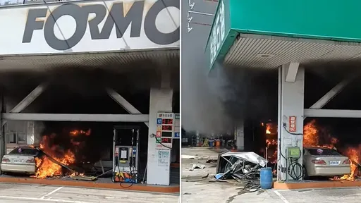 恐怖！台中轎車衝進加油站　撞擊加油島釀大火