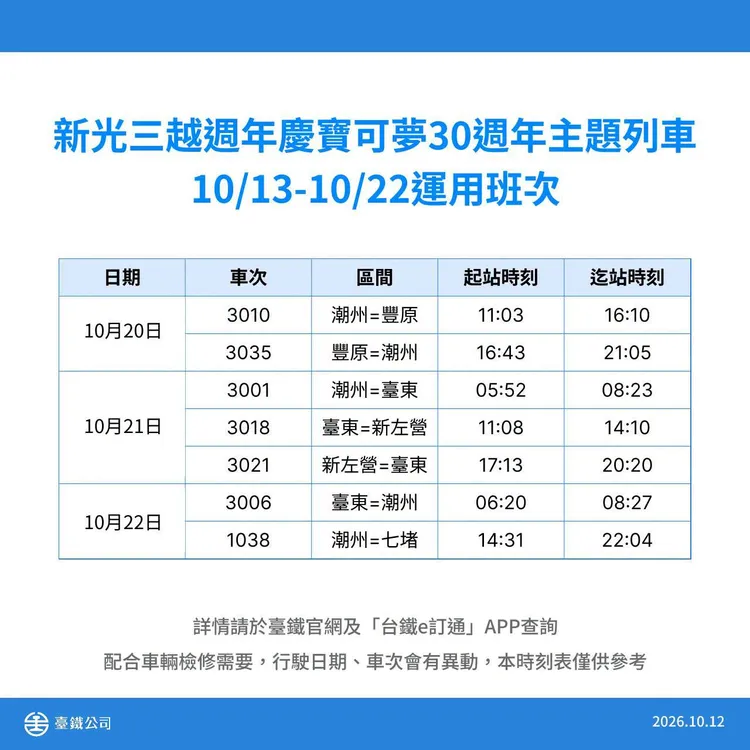 寶可夢主題列車最新行駛班次時刻表。台鐵公司提供