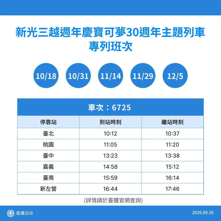 寶可夢主題列車最新行駛班次時刻表。台鐵公司提供