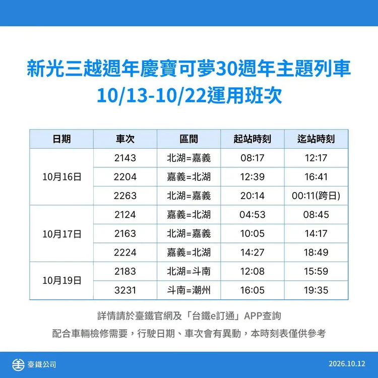 寶可夢主題列車最新行駛班次時刻表。台鐵公司提供