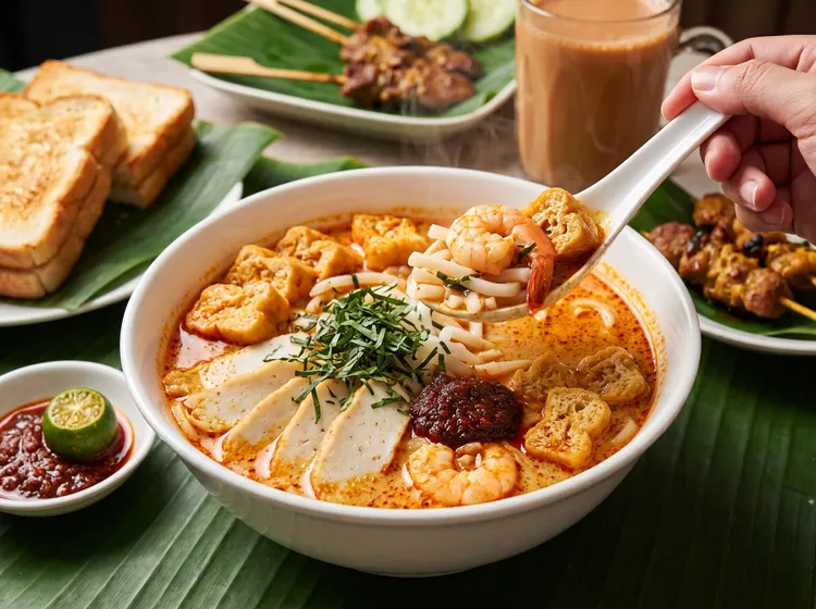 現點現煮代表麵食「新加坡叻沙」，金黃濃醇湯底融會蝦膏鮮甜與濃椰漿香氣。台北遠東香格里拉提供