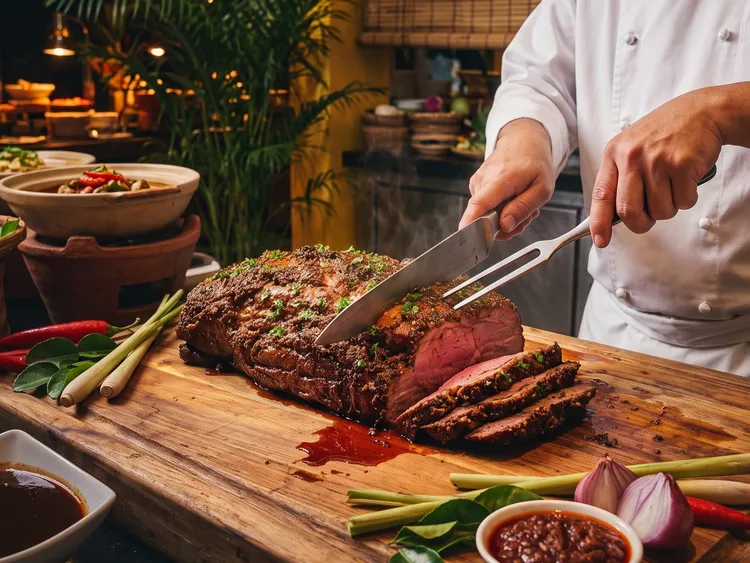 整條以香料醃透現烤現切的「馬來風味醃製牛肉」口感細緻，令人食慾大開。台北遠東香格里拉提供