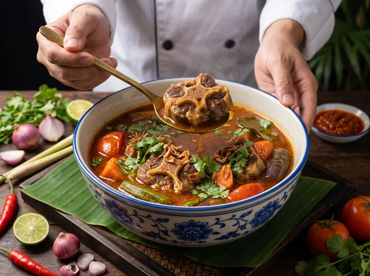 慢火細熬的「馬來風味牛尾湯」，牛尾軟爛透味，湯頭富含醇厚膠質與辛香層次。台北遠東香格里拉提供