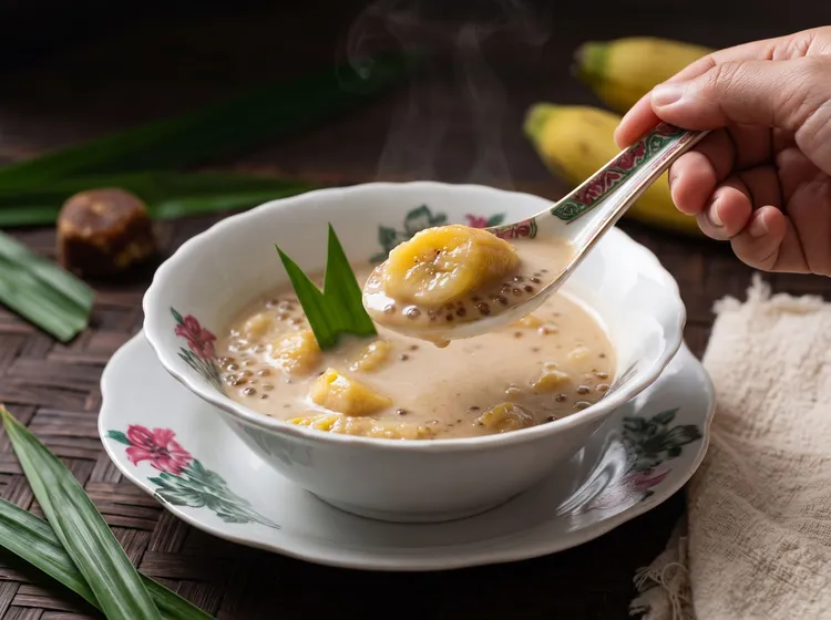 南洋特色「熱香蕉椰子湯」，酸甜果香交融濃椰漿，滑順爽口。台北遠東香格里拉提供
