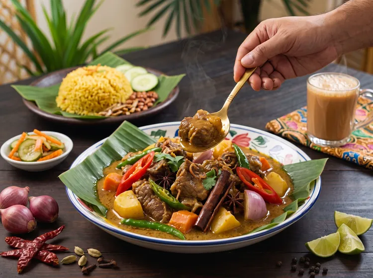 辛香濃烈的「羊肉咖喱」，羊肉燉至軟嫩不羶，飽吸南洋香料精華。台北遠東香格里拉提供