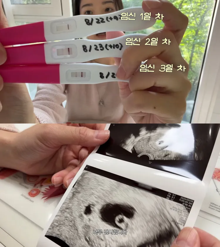前進的妻子柳俐藇植入胚胎後，每天用驗孕棒測試是否確定懷孕，收到胎囊超音波照才稍微鬆了一口氣。翻攝YouTube