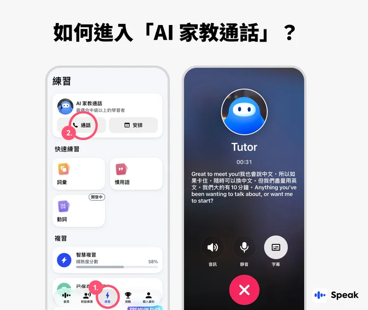 Speak的「AI家教通話」目前為Premium Plus專屬功能，使用者每月最多可進行15次通話，每通約10分鐘。Speak AI提供