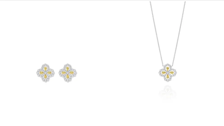 海瑞溫斯頓鑽石心環 Diamond Loop系列黃色藍寶石鑽石墜鍊、鑽石耳環。品牌提供