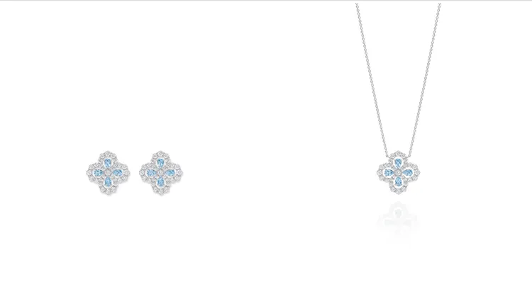 海瑞溫斯頓鑽石心環 Diamond Loop系列海水藍寶鑽石墜鍊、鑽石耳環。品牌提供