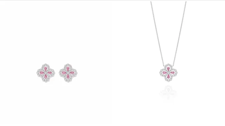 海瑞溫斯頓鑽石心環 Diamond Loop系列粉色藍寶石鑽石墜鍊、鑽石耳環。品牌提供