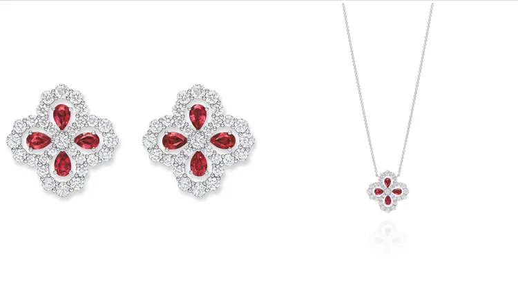 海瑞溫斯頓鑽石心環 Diamond Loop系列紅寶石鑽石墜鍊、鑽石耳環。品牌提供
