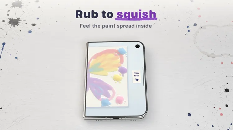 「Fold & Squish」將摺紙拓印搬上iPhone Duo，使用者畫好圖案後闔上手機，再摩擦外螢幕模擬擠壓顏料，展開即可欣賞對稱作品。Fountain Interactive影片