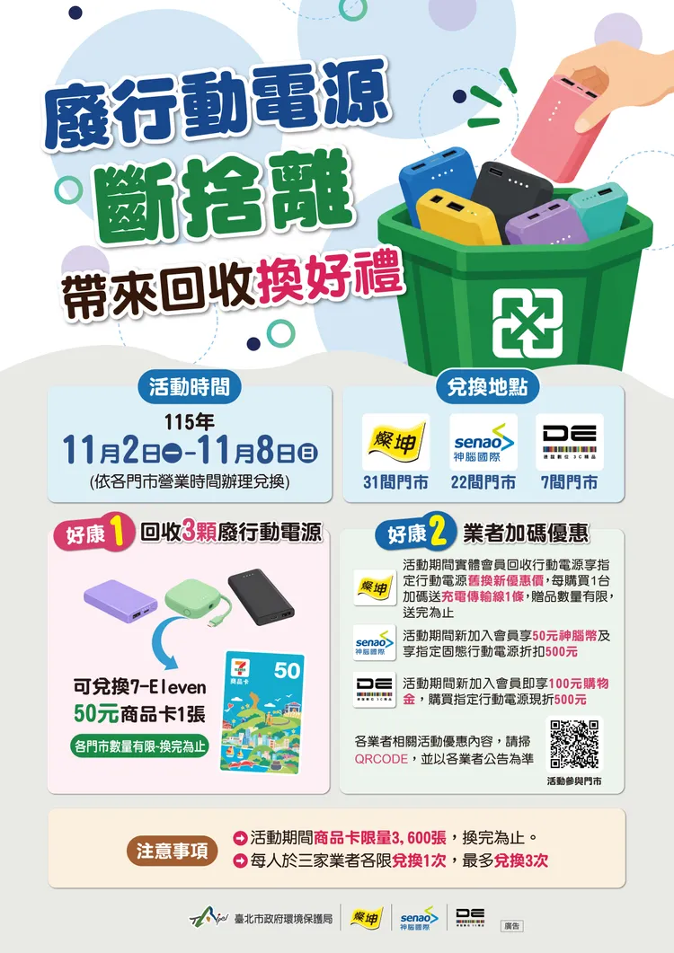 北市環保局與業者合作推廣回收行動電源。台北市環保局提供
